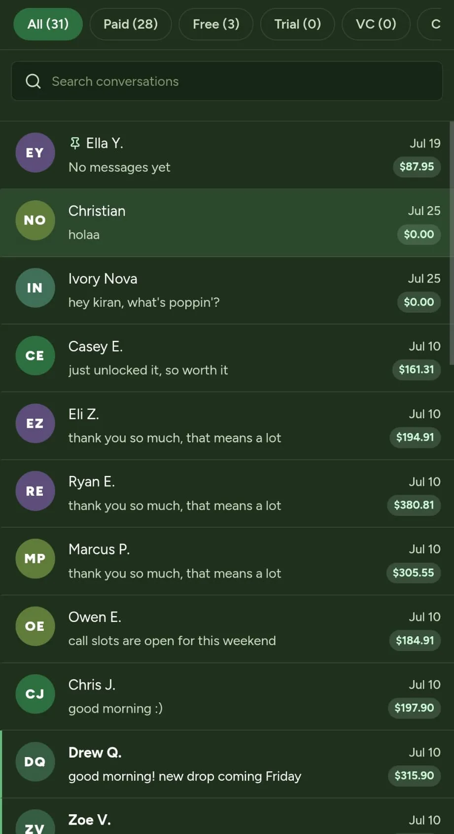 Inbox: a list of paid fan conversations